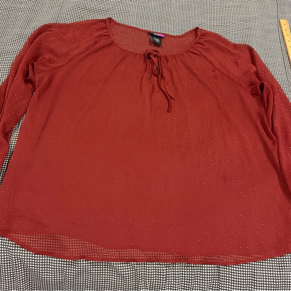 Tie-Neck Blouse with Metallic Dot Detail in Rust